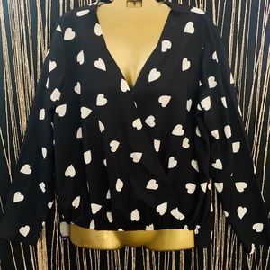 Black and White V neck Heart Blouse S